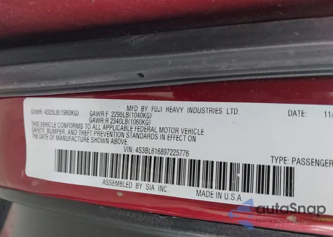 2009 Subaru Legacy 2.5I z USA, uszkodzony, nr VIN 4S3BL616897225776